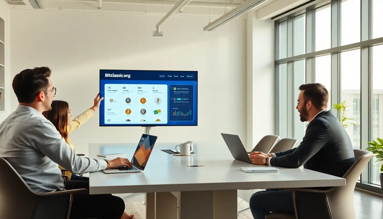 diverse professionals discussing cryptocurrency in a modern office.