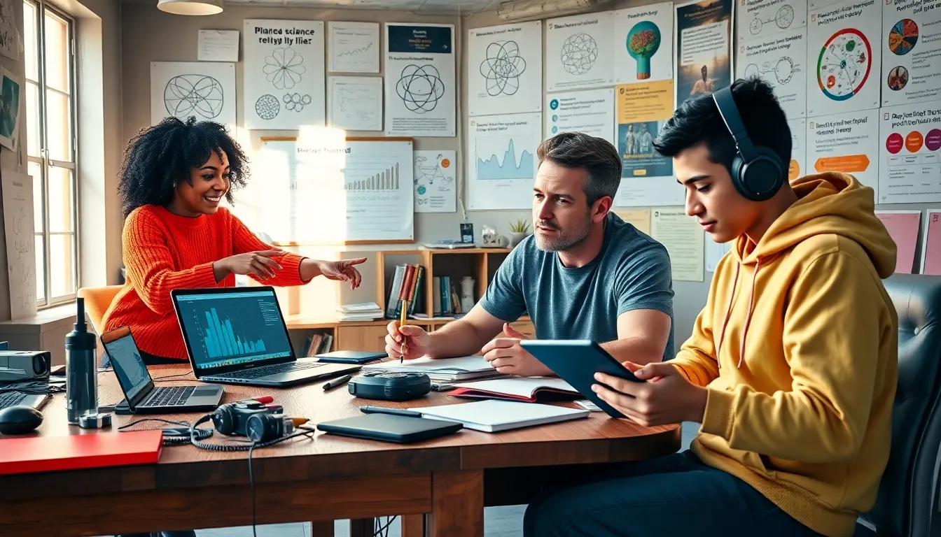 a diverse group collaborating around a table, exploring science and lifestyle.