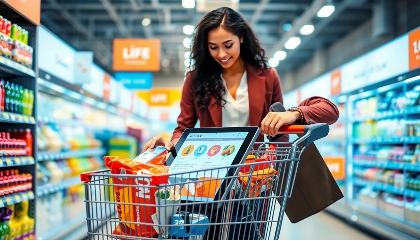 A shopper interacting with a smart shopping cart in a bright supermarket.