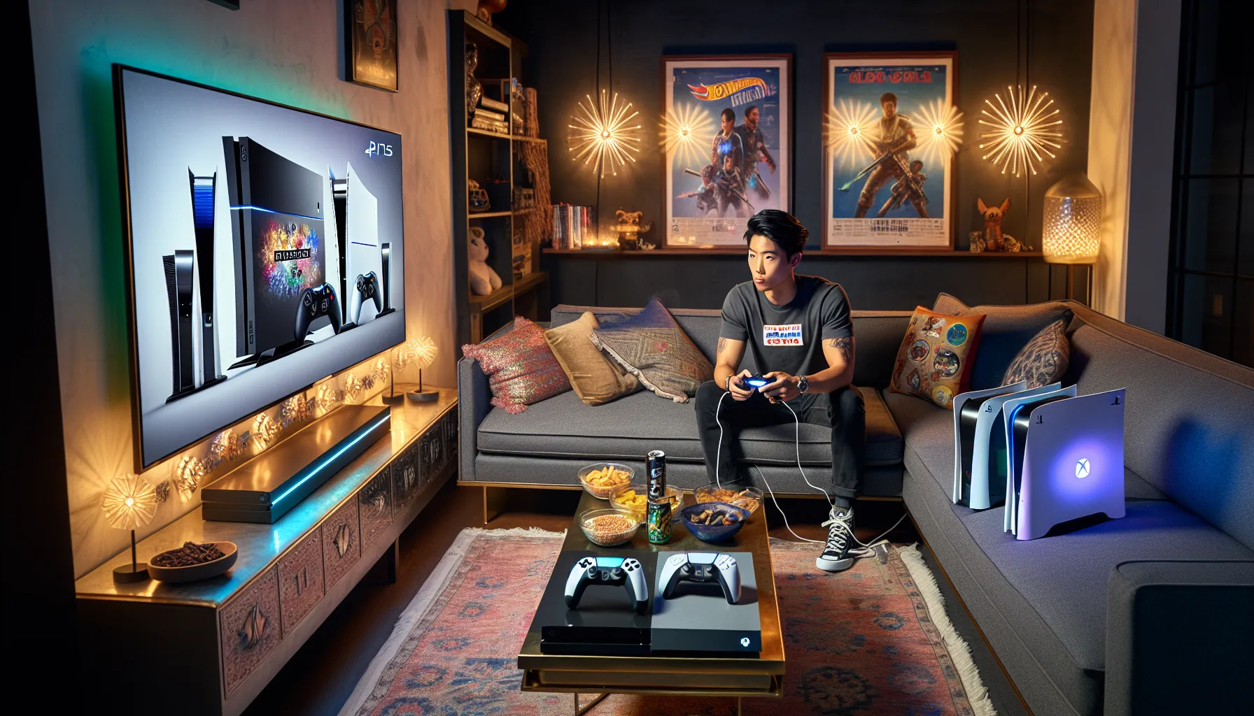 a young man comparing Xbox and PS5 in a cozy living room.