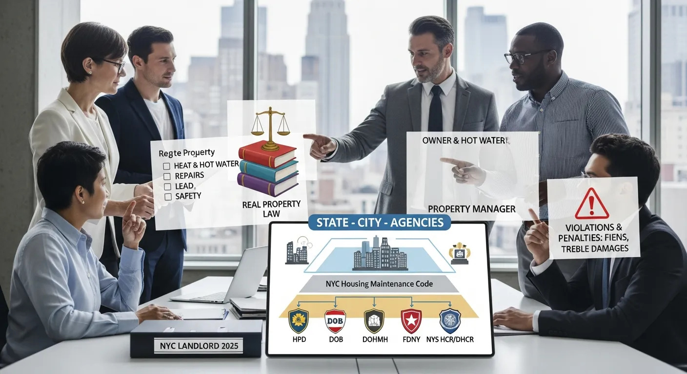 NYC landlords reviewing a 2025 compliance checklist with agency and legal icons.