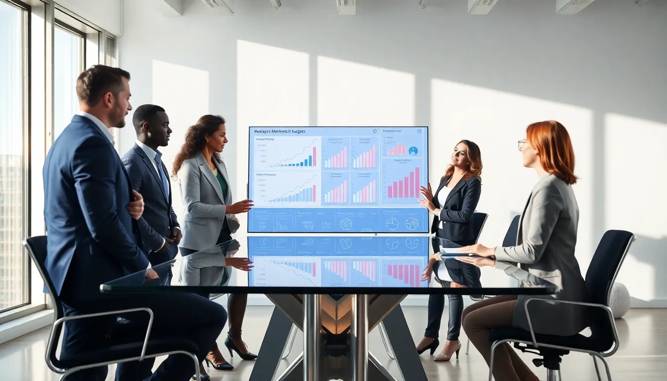 professionals discussing martech budgets in a modern office.