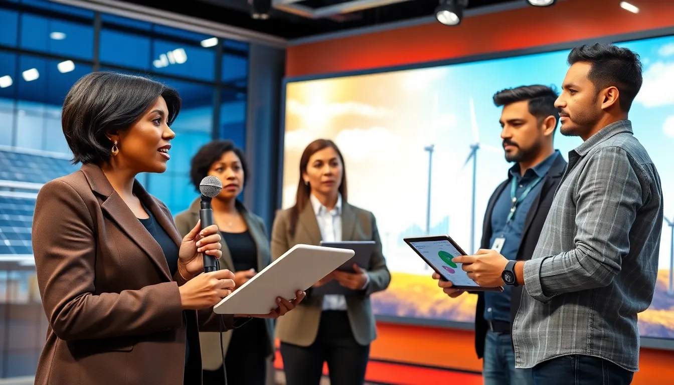 journalists discussing renewable energy trends in a modern news studio.