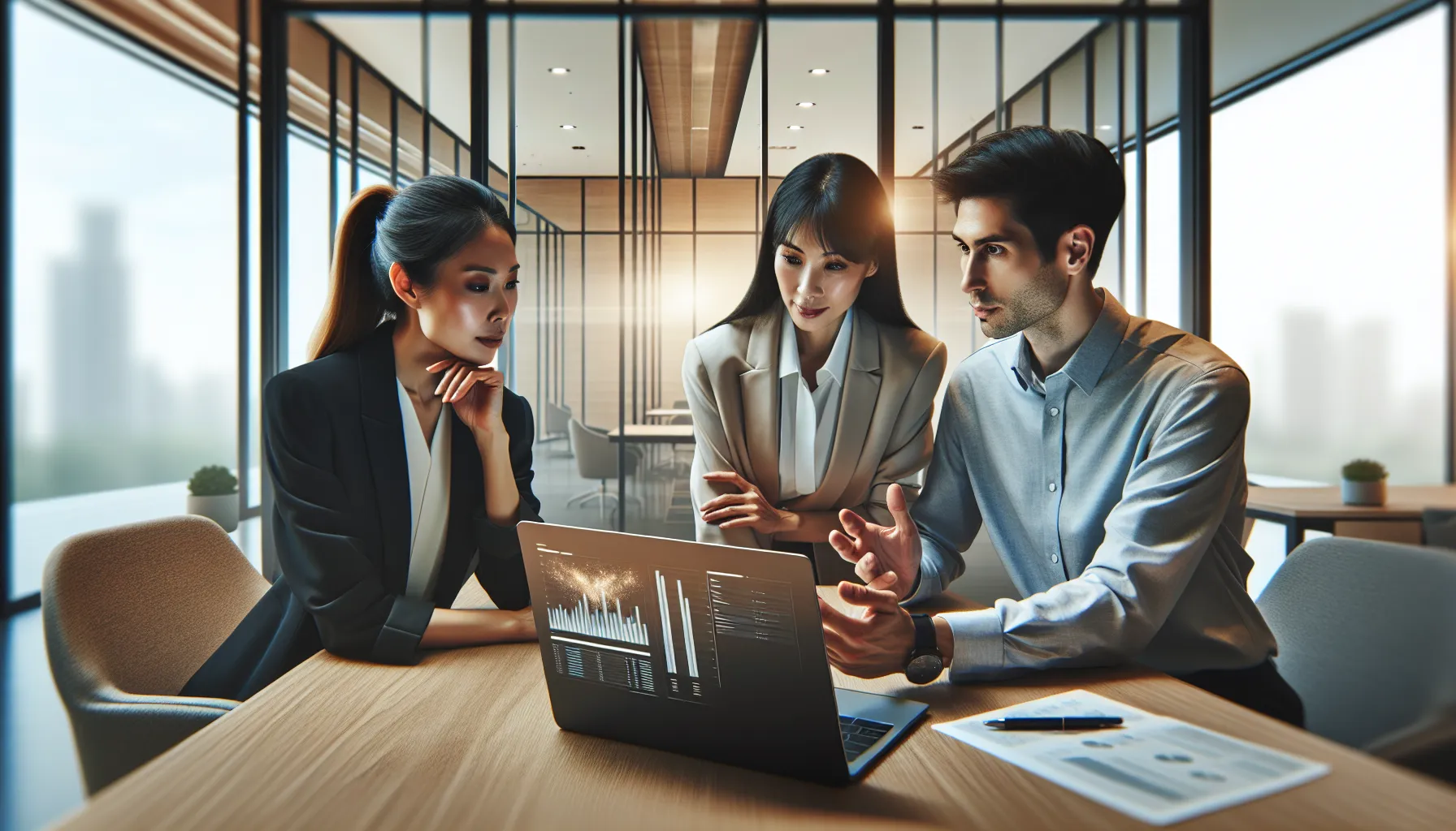 team collaborating over a laptop in a modern office setting.