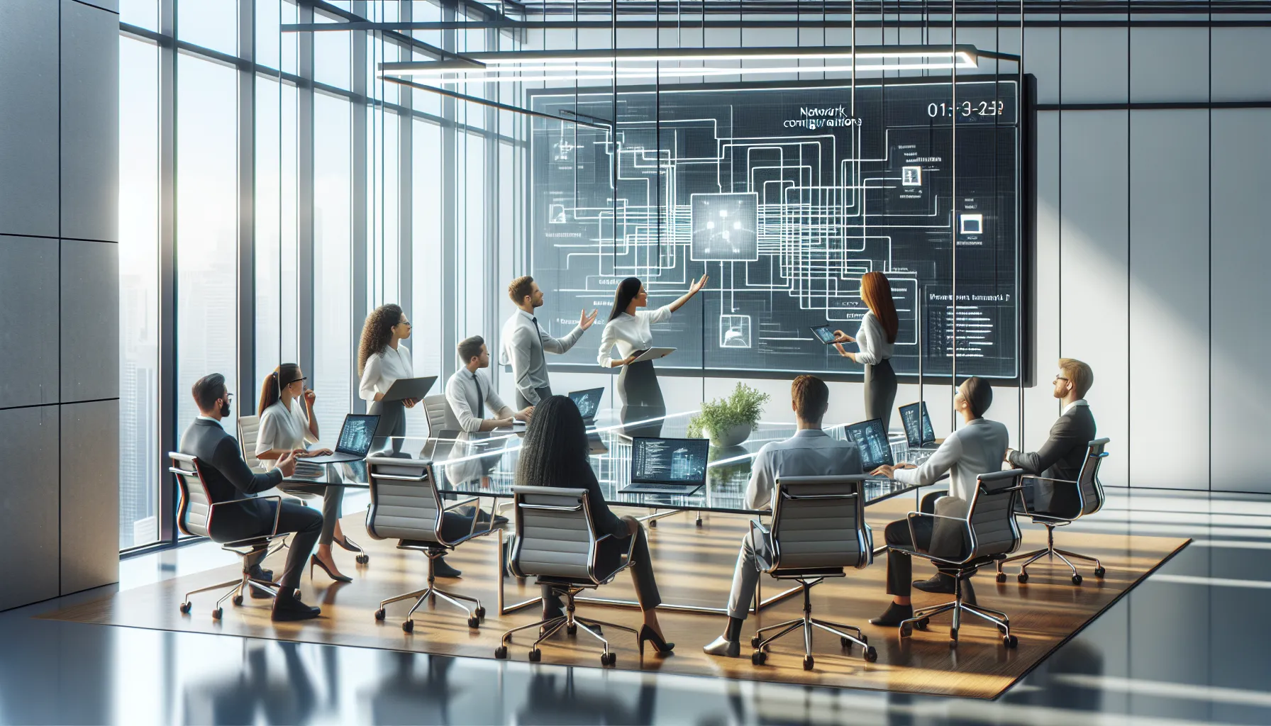 diverse IT team collaborating on digital applications in a modern office.