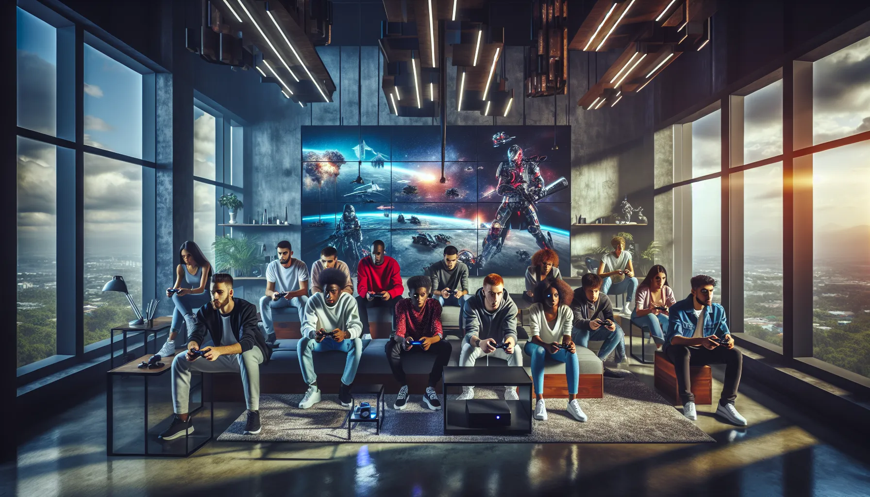 diverse group of gamers enjoying various gaming devices in a modern lounge.