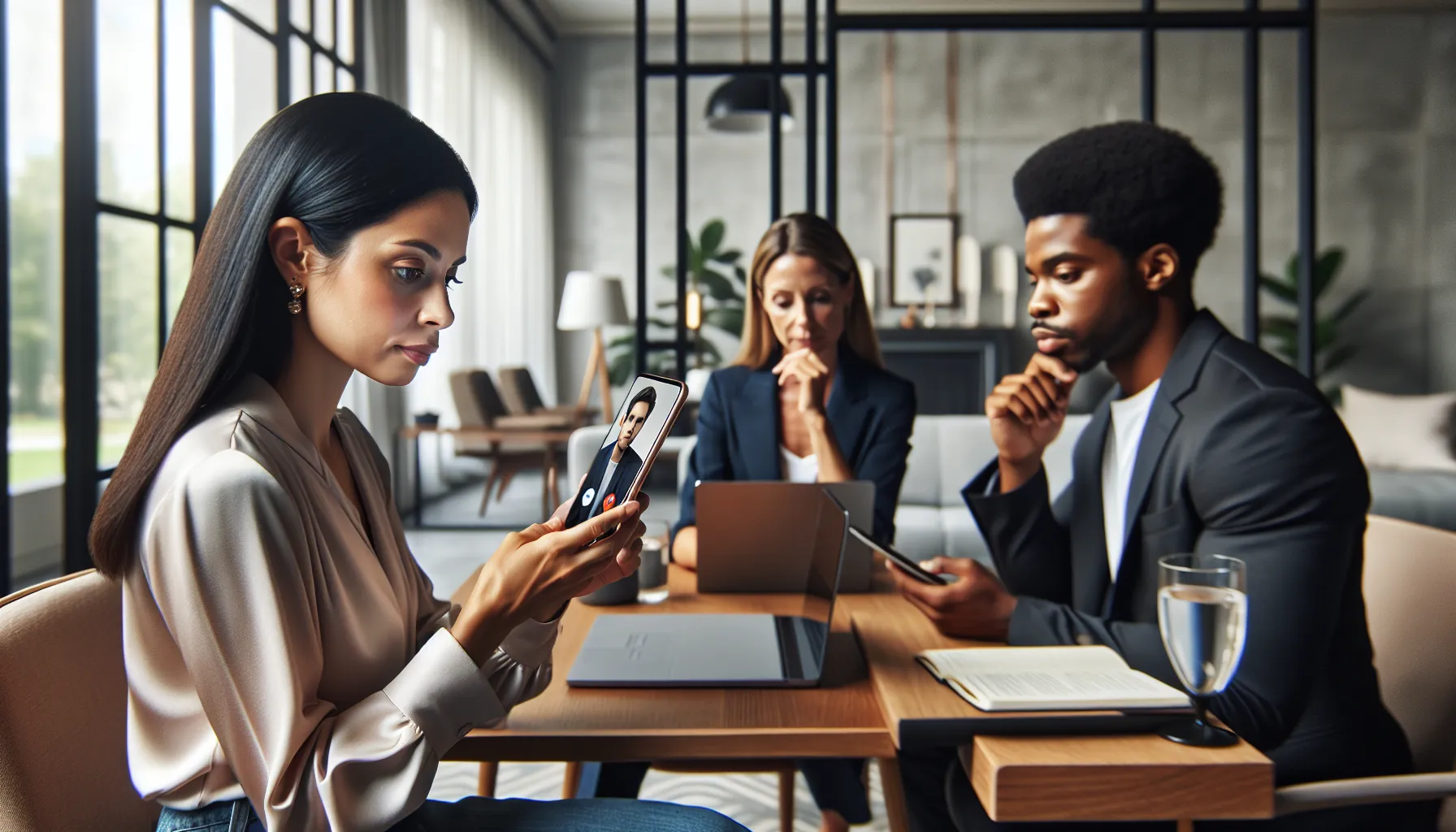 group troubleshooting a 3-way call issue in a modern office.