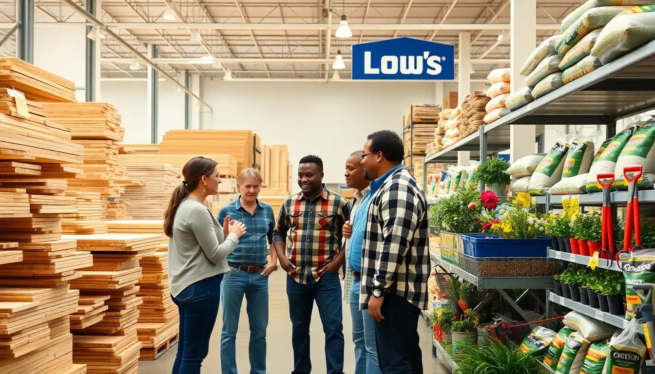 diverse customers exploring lumber and garden supplies at Lowe's.