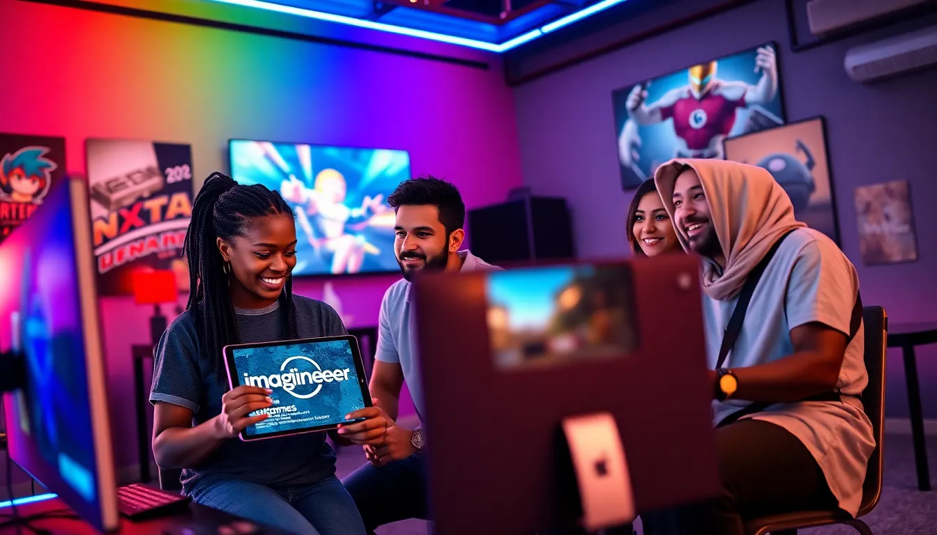 four gamers enjoying diverse games in a colorful, modern gaming room.