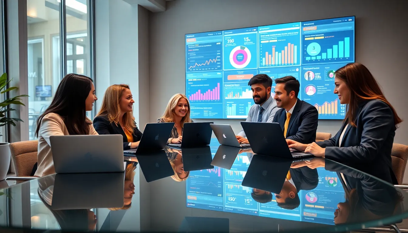 diverse team collaborating on digital marketing strategies in a modern office.