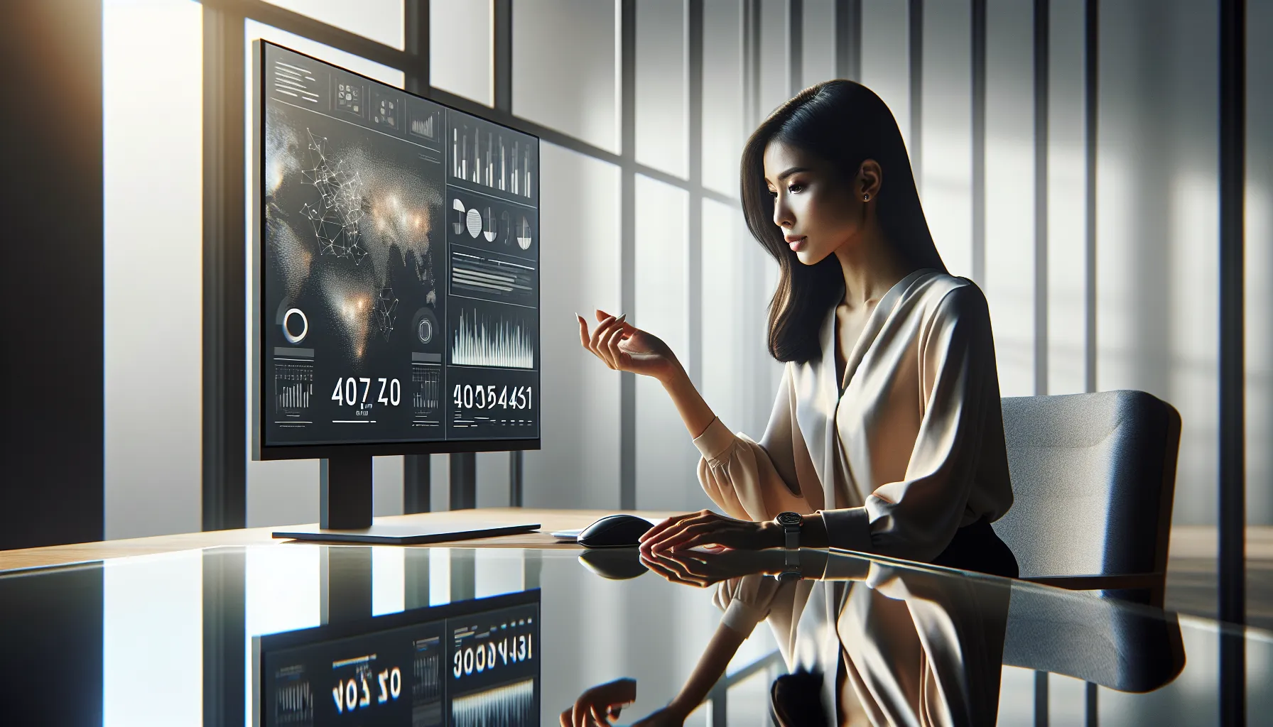 analyst interpreting data on a screen in a modern office.