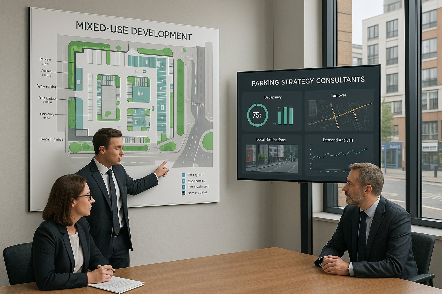 Consultants reviewing a parking strategy plan in a modern UK office.