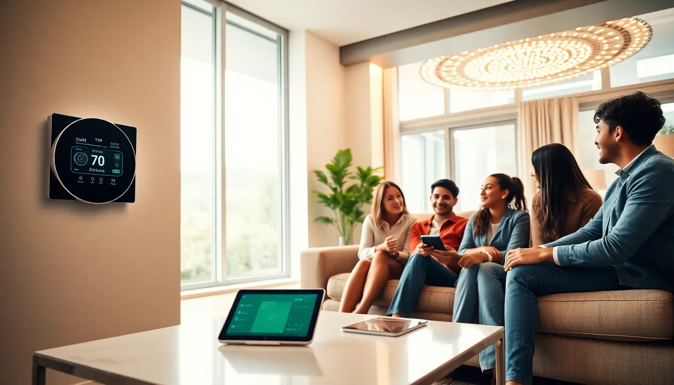 Modern living room with smart home automation features and diverse professionals.