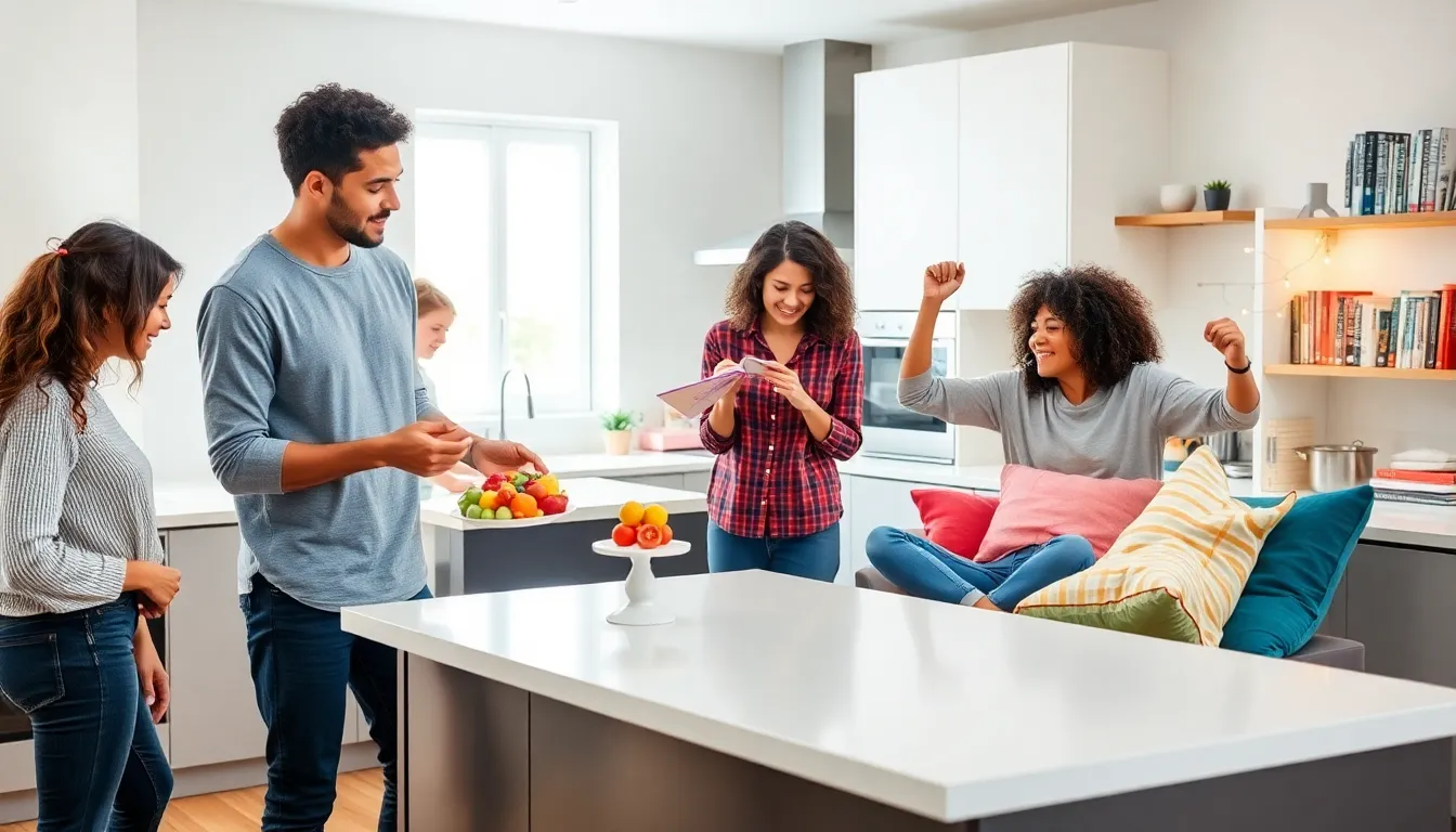 diverse parents using clever parenting hacks in a modern kitchen.