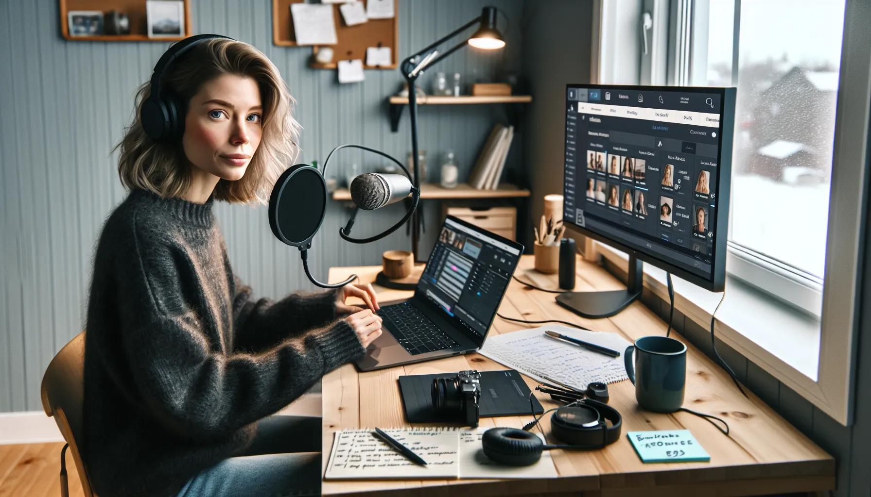 Norwegian woman recording an online course at home with laptop and camera.
