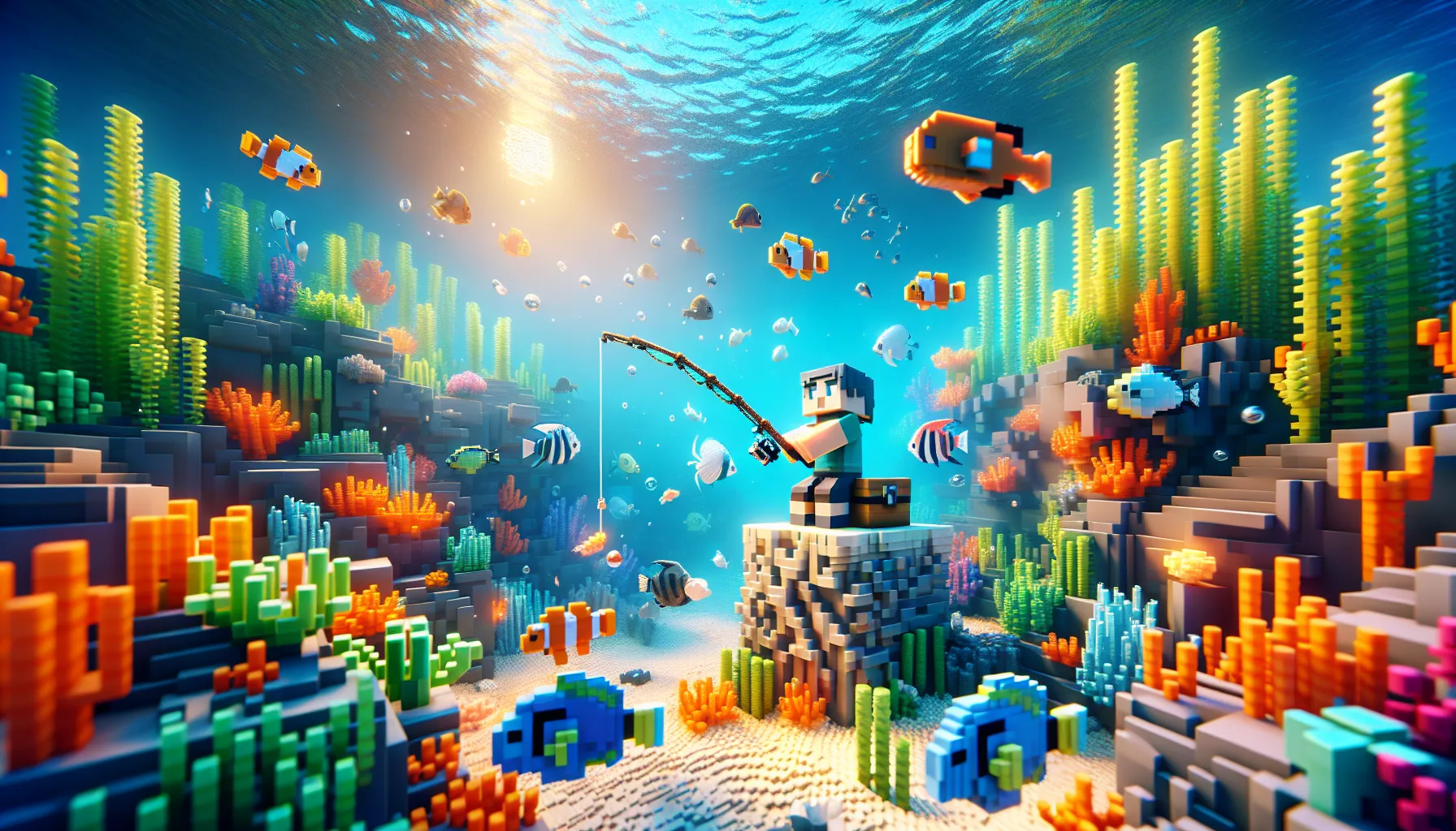 Minecraft player fishing in a colorful underwater coral reef.