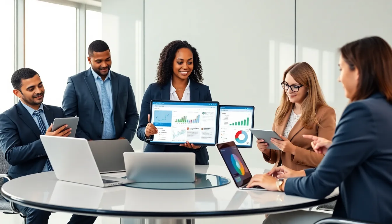 diverse team collaborating on WebBizMagnet software in a modern office.