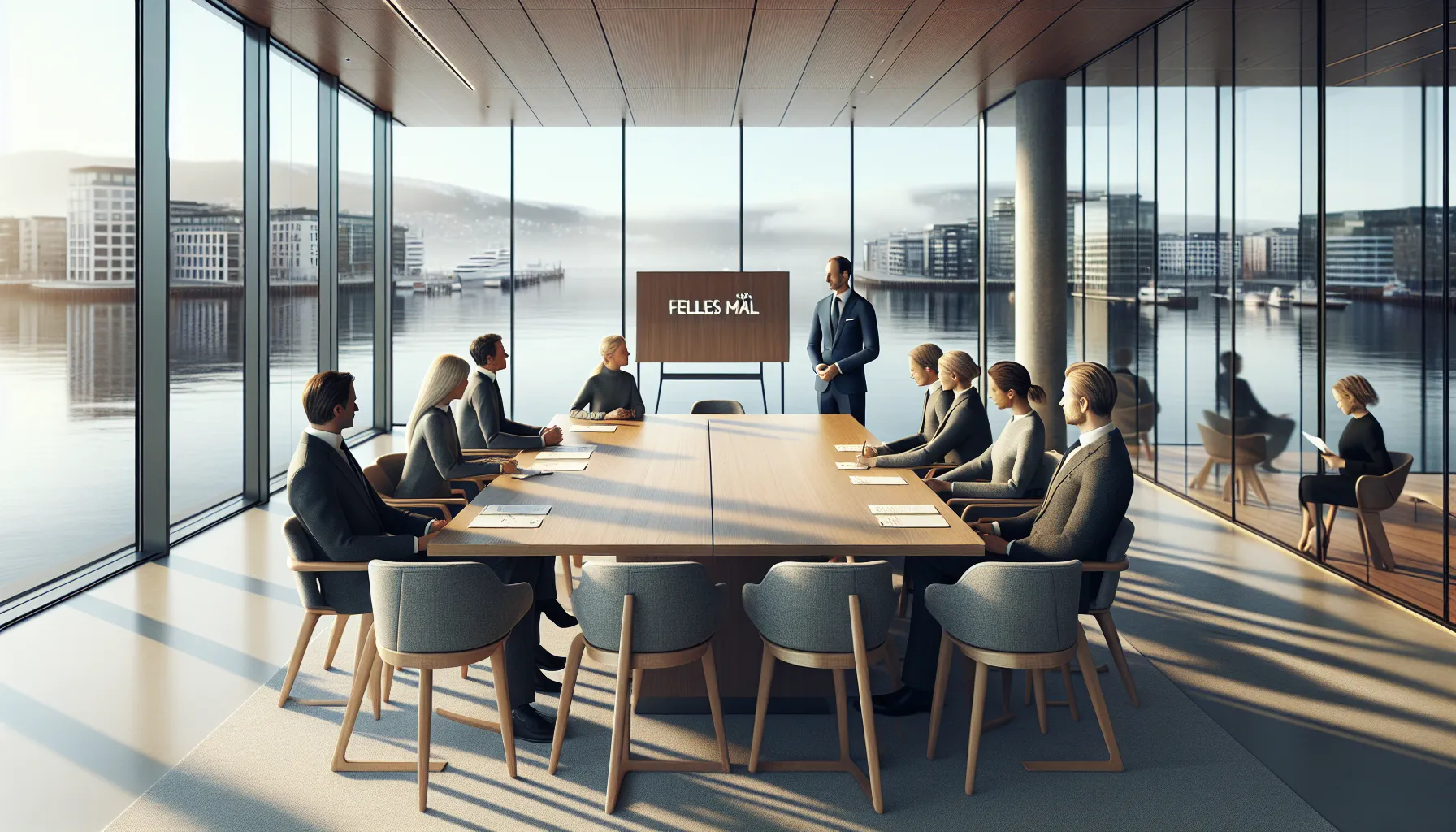 Norwegian negotiation leader setting agenda in a modern conference room.