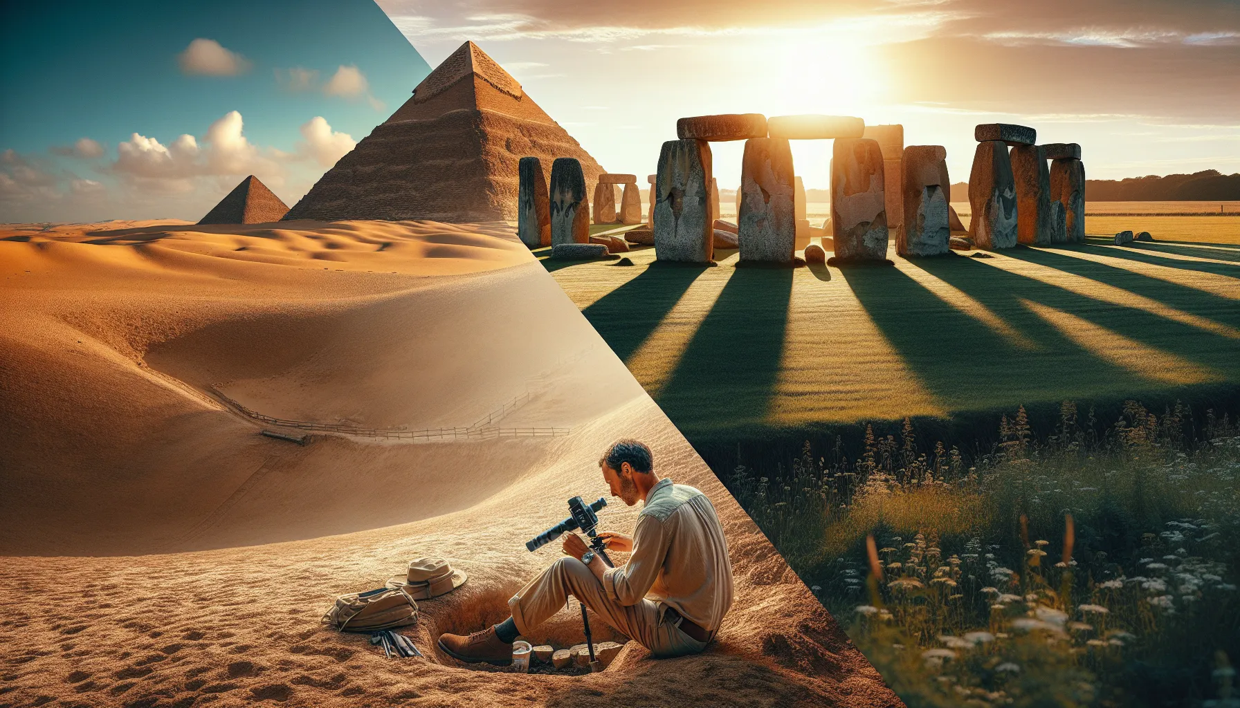 the Great Pyramid of Giza beside Stonehenge in a contrasting archaeological scene.
