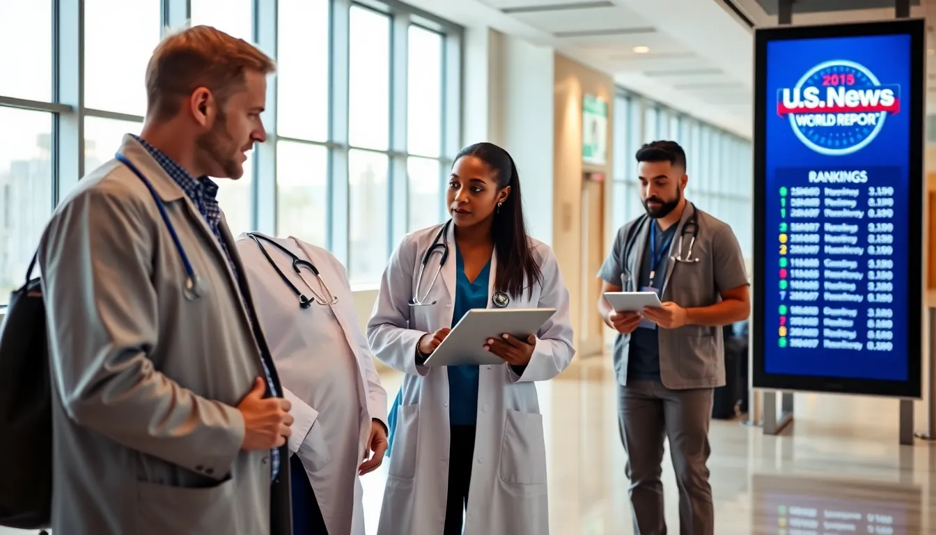 diverse healthcare professionals discussing rankings in a modern hospital lobby.