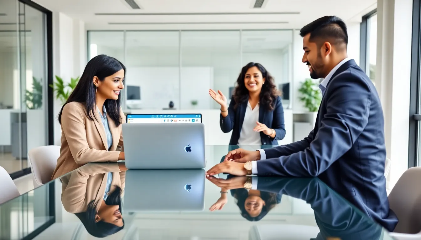 diverse team collaborating on a low code workflow in a modern office.