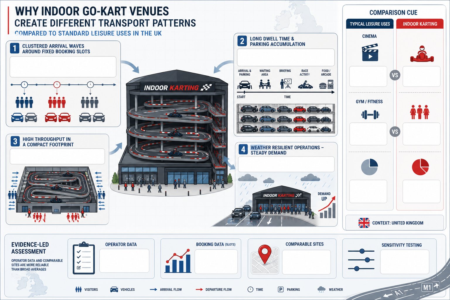 Infographic comparing indoor go-kart transport patterns with standard leisure uses.