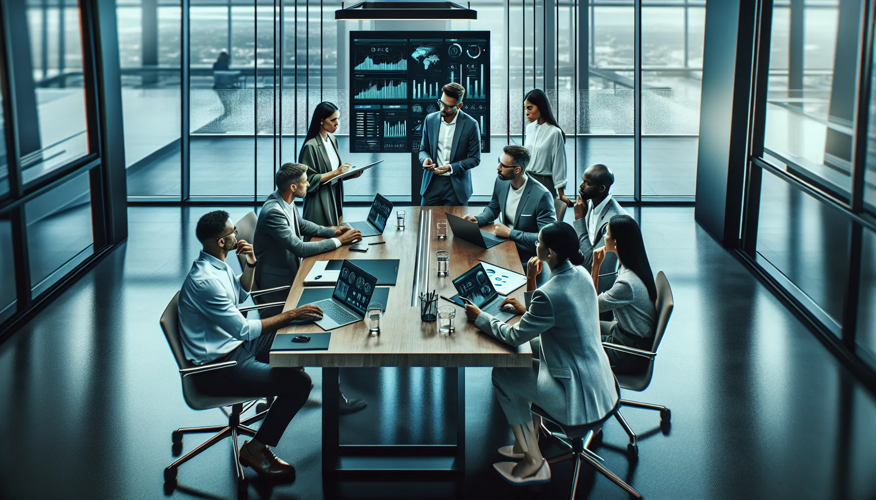diverse professionals discussing call management in a modern office.