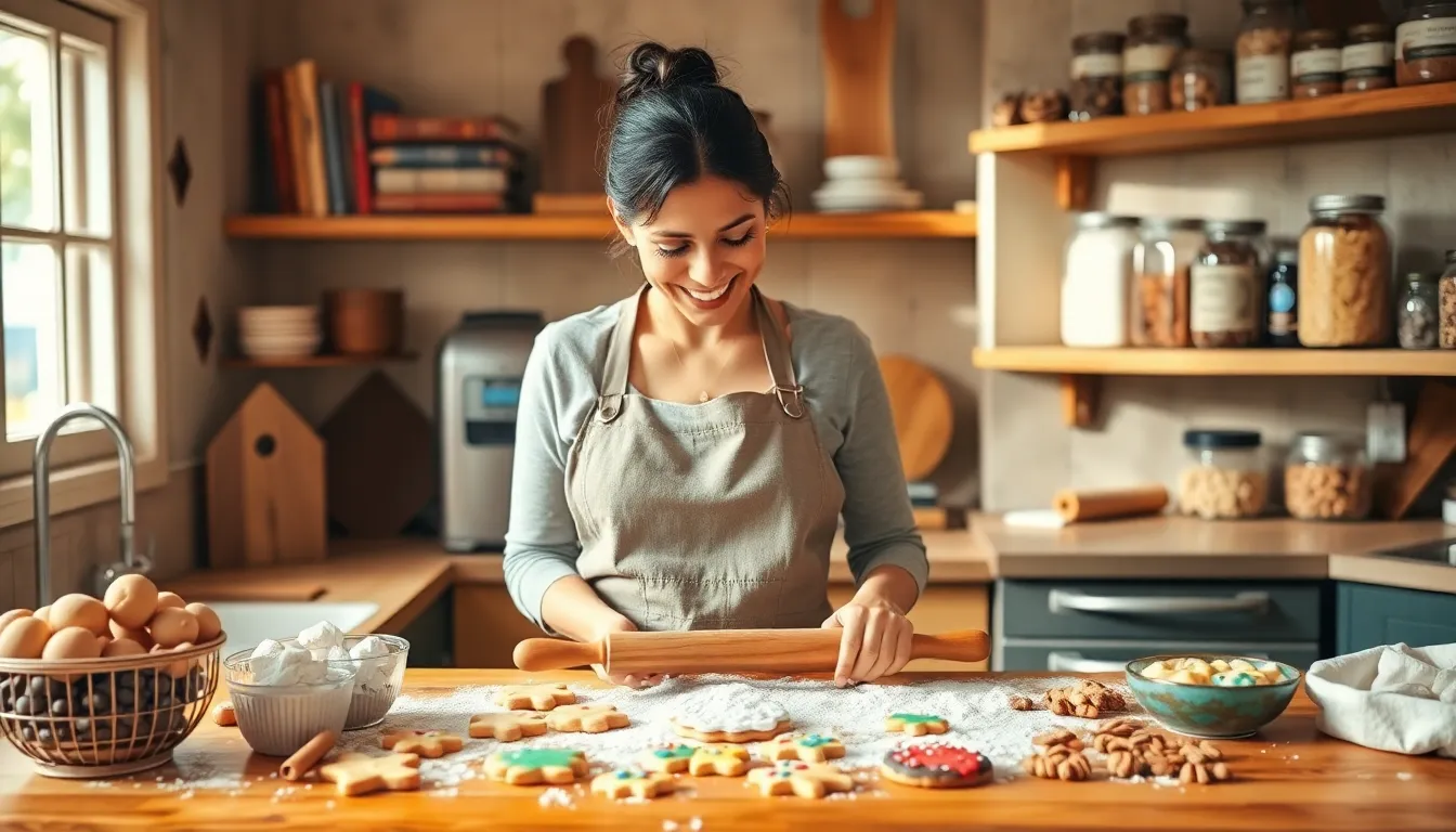 Mary baking cookies in a warm, inviting kitchen filled with ingredients.