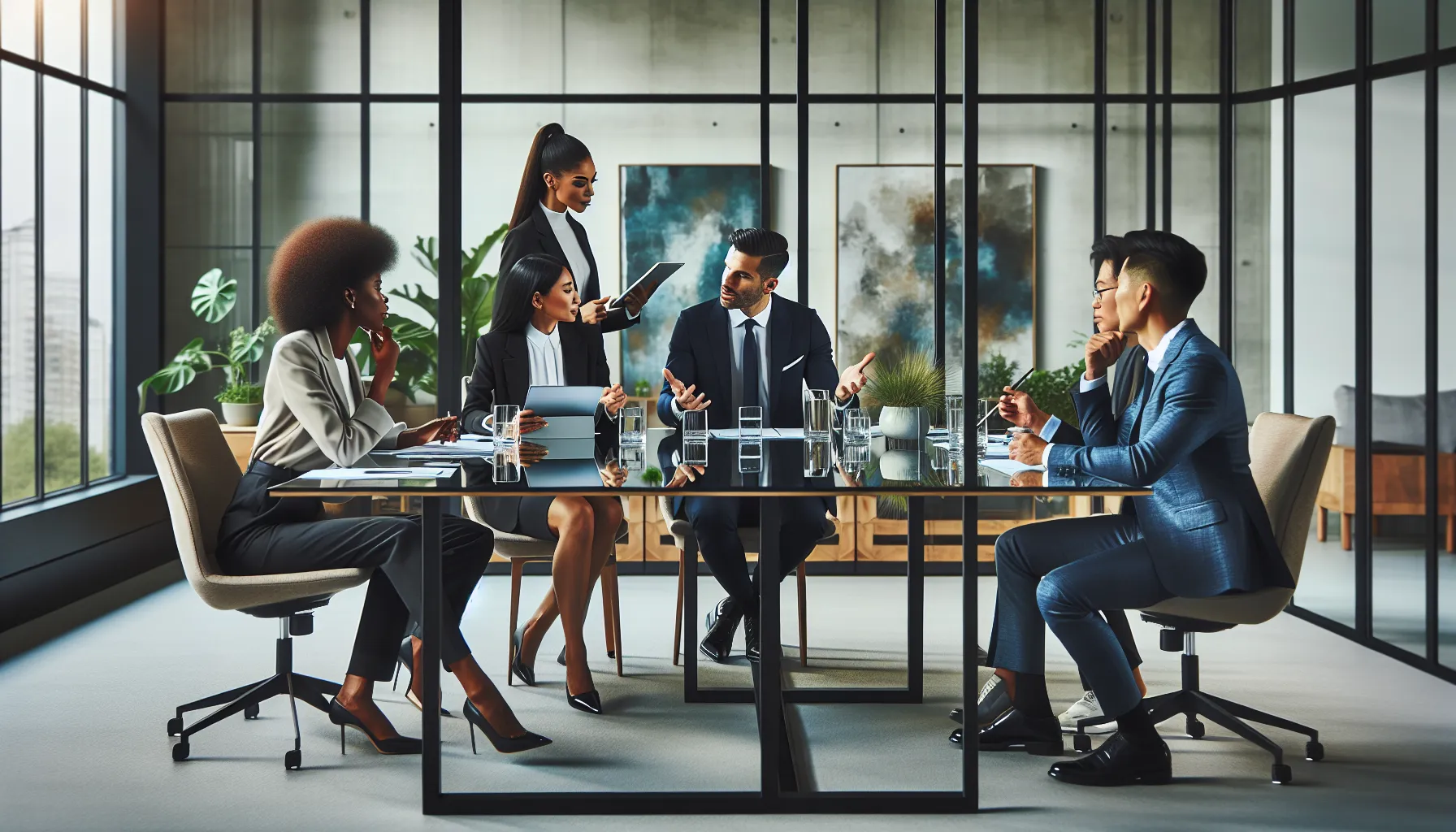 diverse professionals discussing innovative ideas in a bright office.