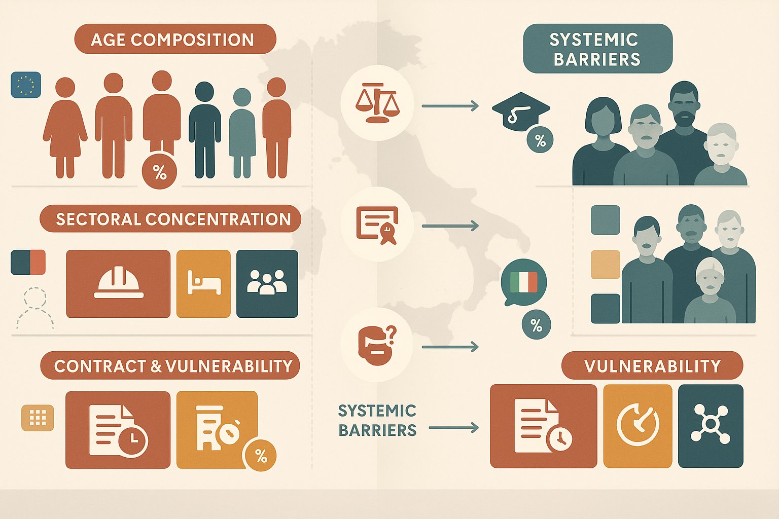 Infografica affiancata che confronta immigrati e italiani sui fattori della disoccupazione.