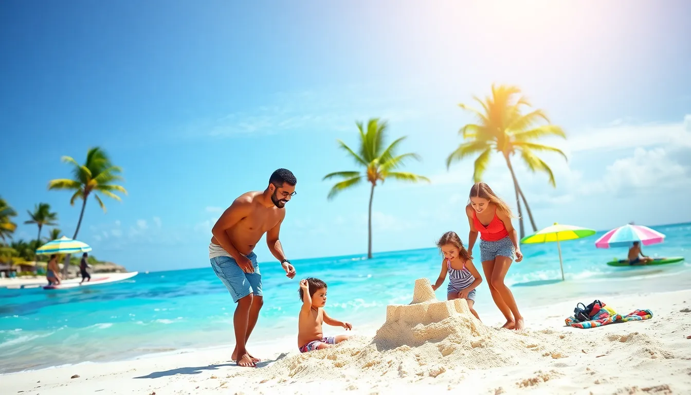 family enjoying a beach day on a Caribbean vacation.