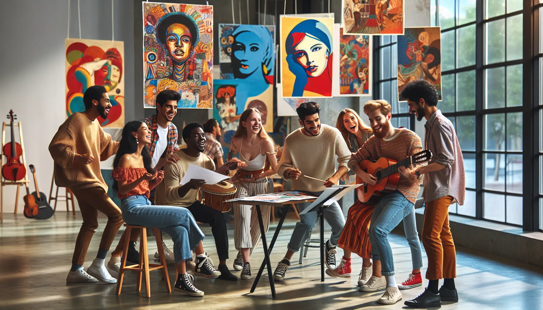 diverse group collaborating in a vibrant creative workspace.