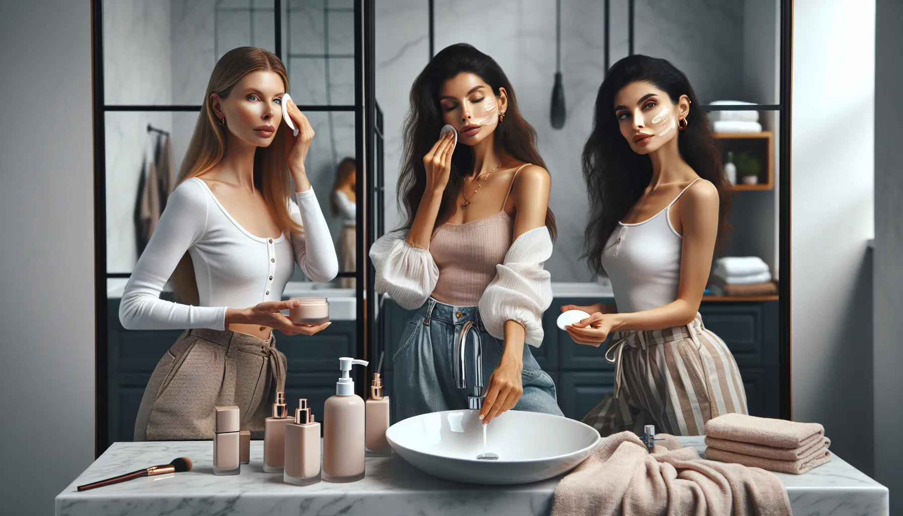 three women in a modern bathroom applying skincare and makeup.