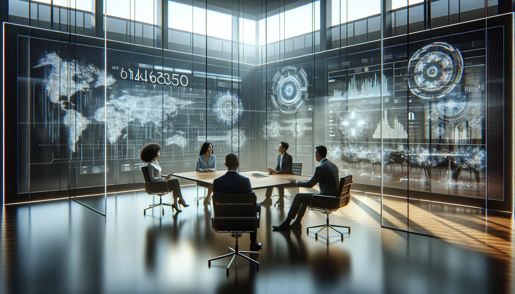 diverse professionals discussing future technology in a modern office.