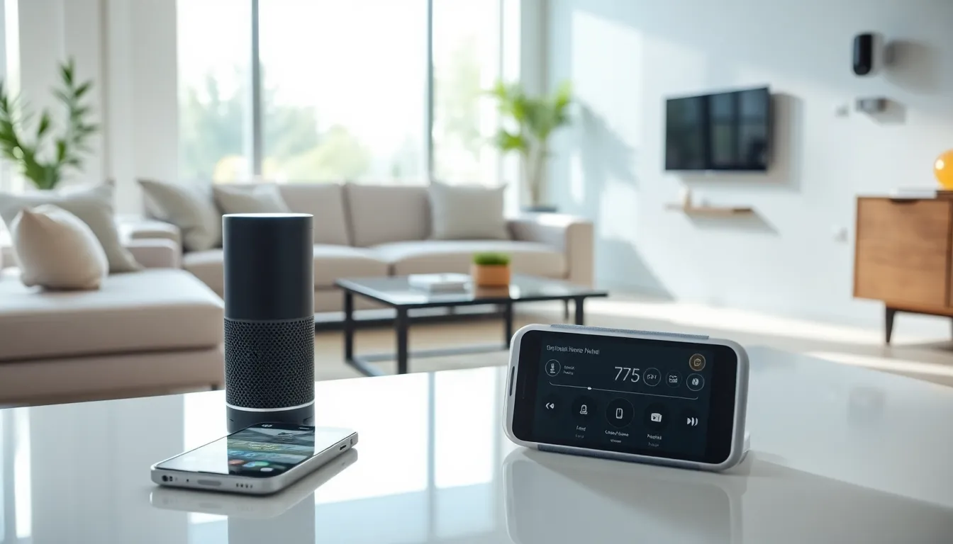 a modern living room with various smart home gadgets.