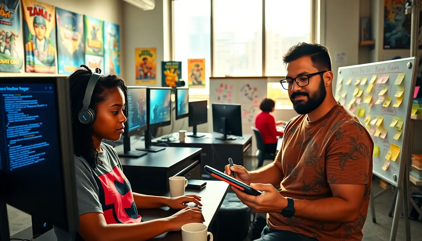 a diverse team of game developers working together in a creative studio.