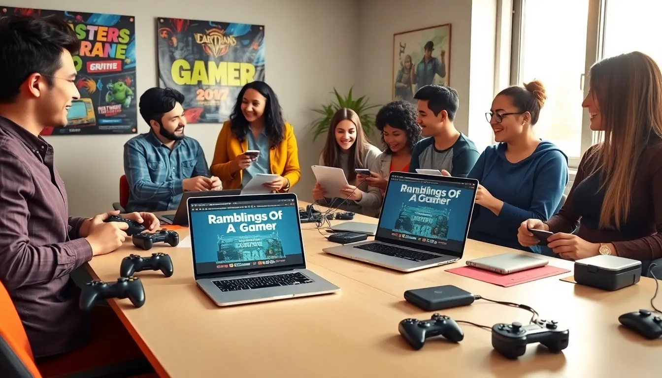 diverse group discussing gaming in a modern workspace.