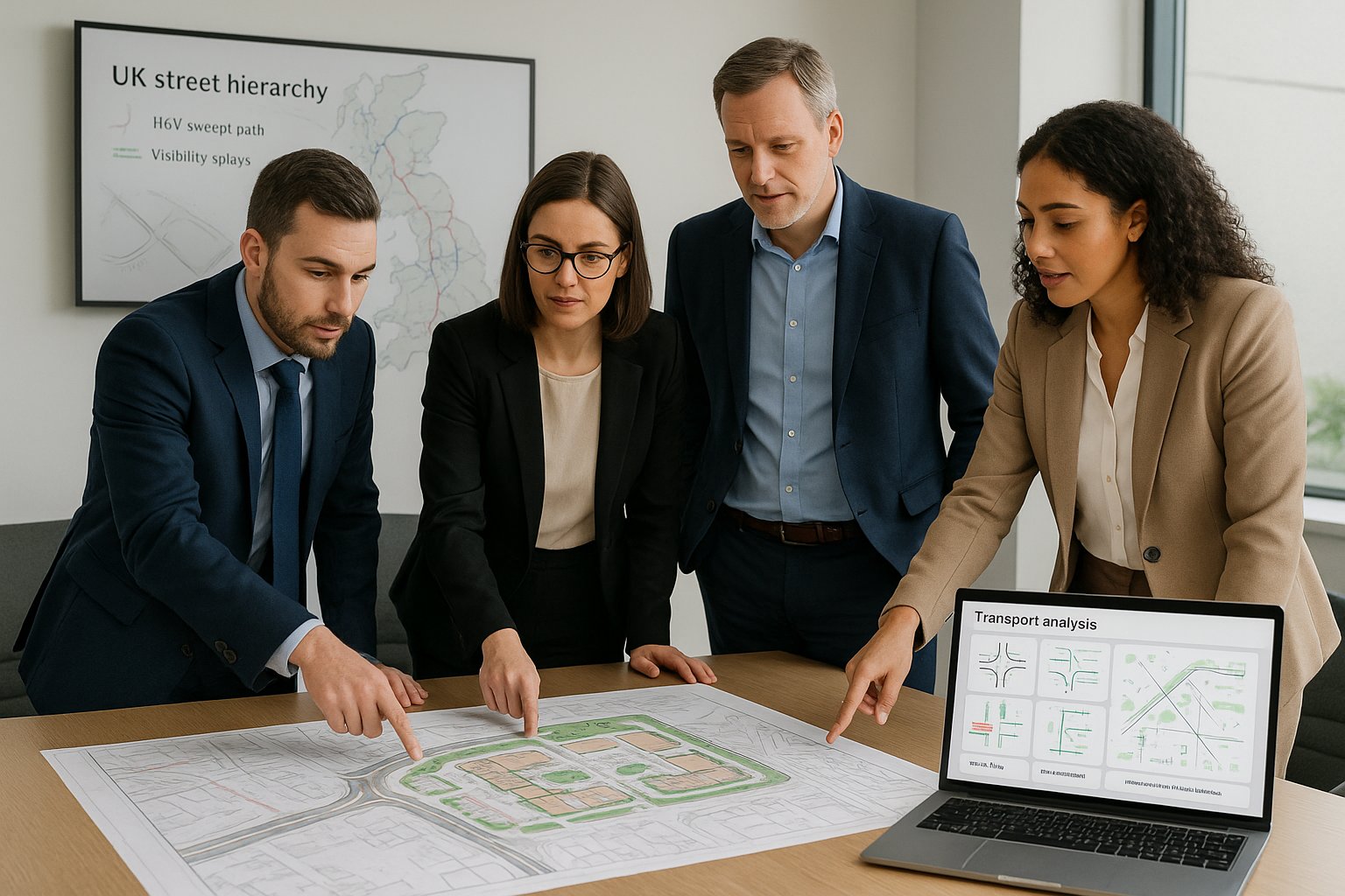 Transport planning consultants reviewing site access and movement plans in a modern office.
