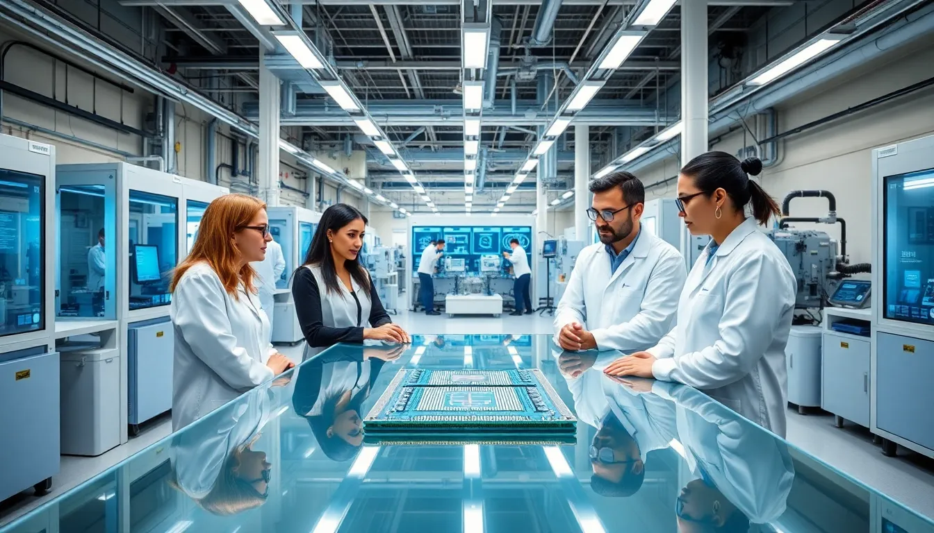 Engineers collaborating in a high-tech semiconductor manufacturing facility.