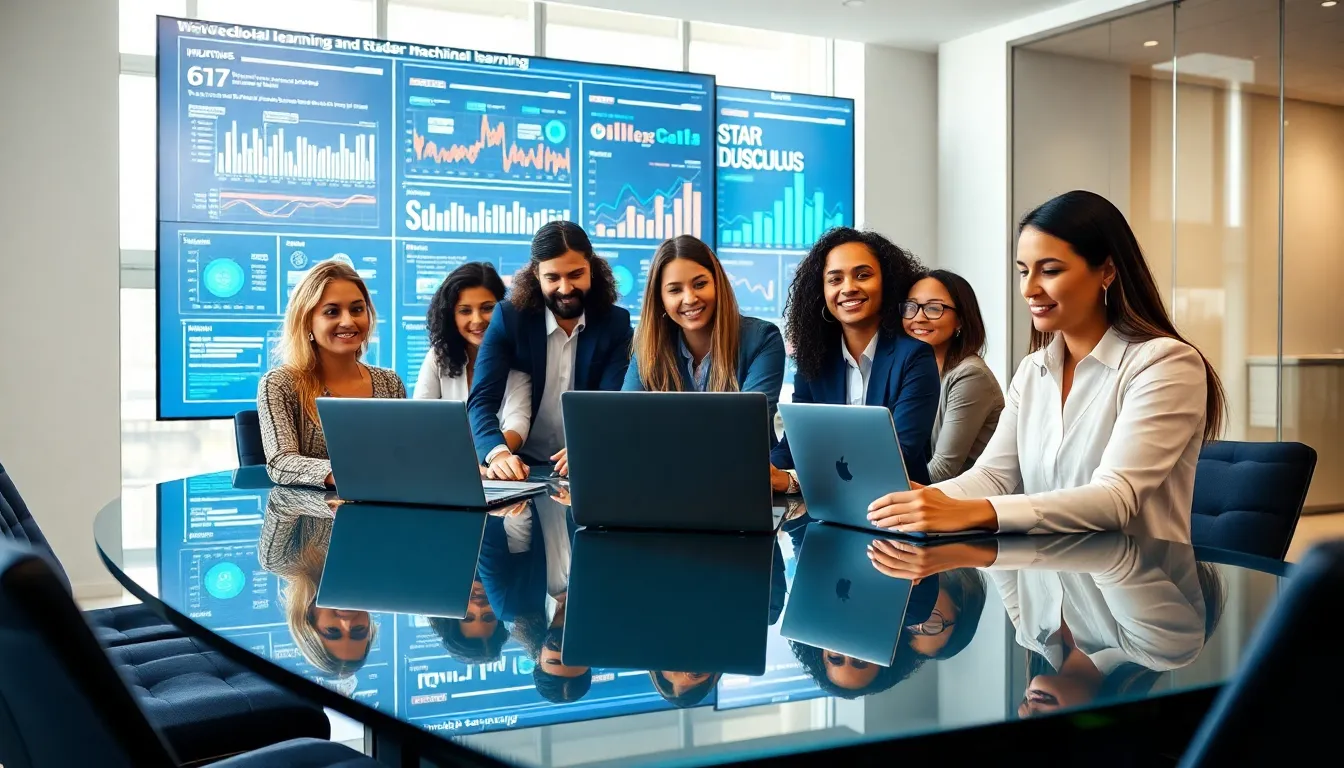 diverse team collaborating in a modern office with technology visuals.