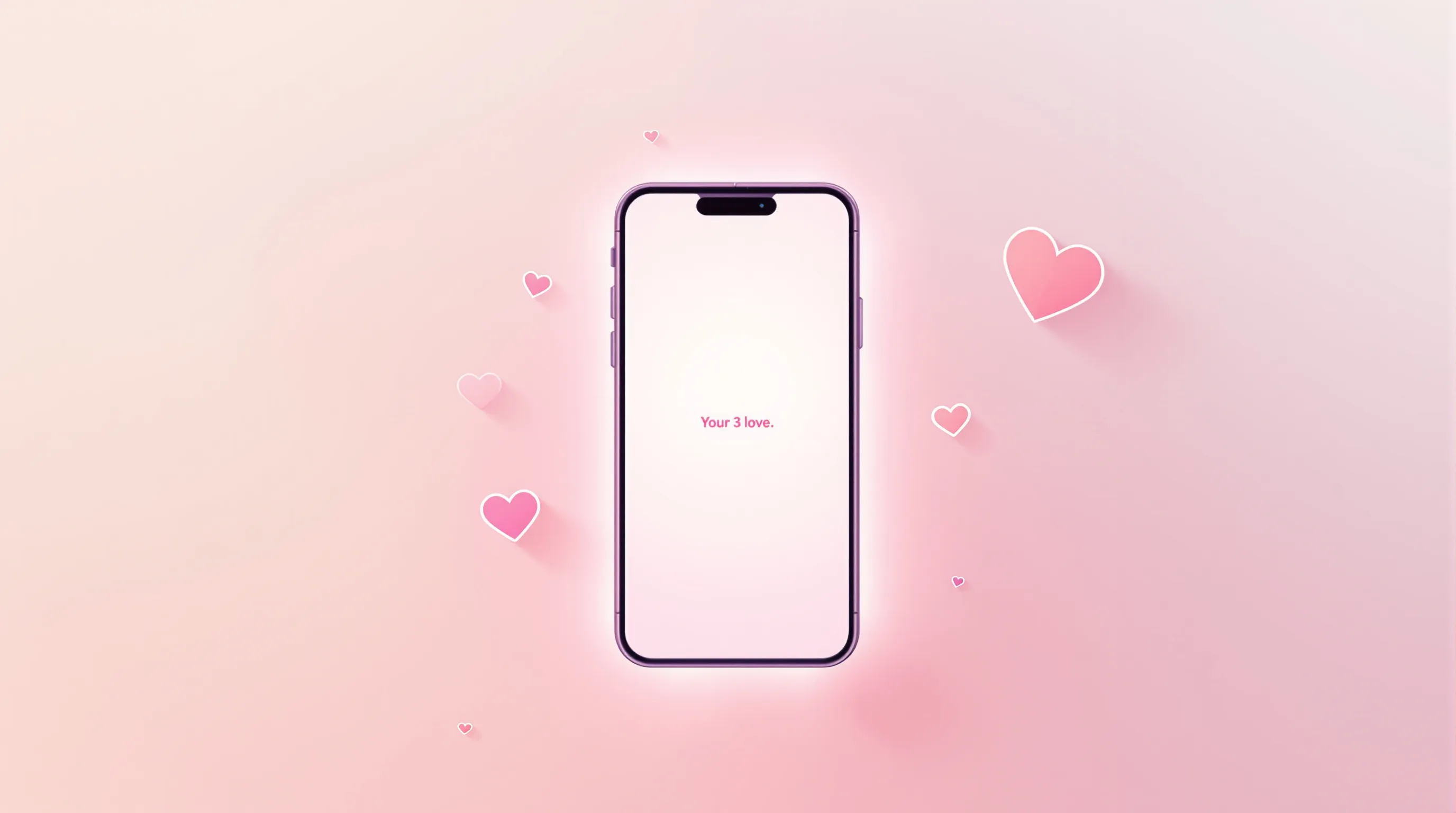 Smartphone displaying short love message with floating geometric hearts on minimal background.