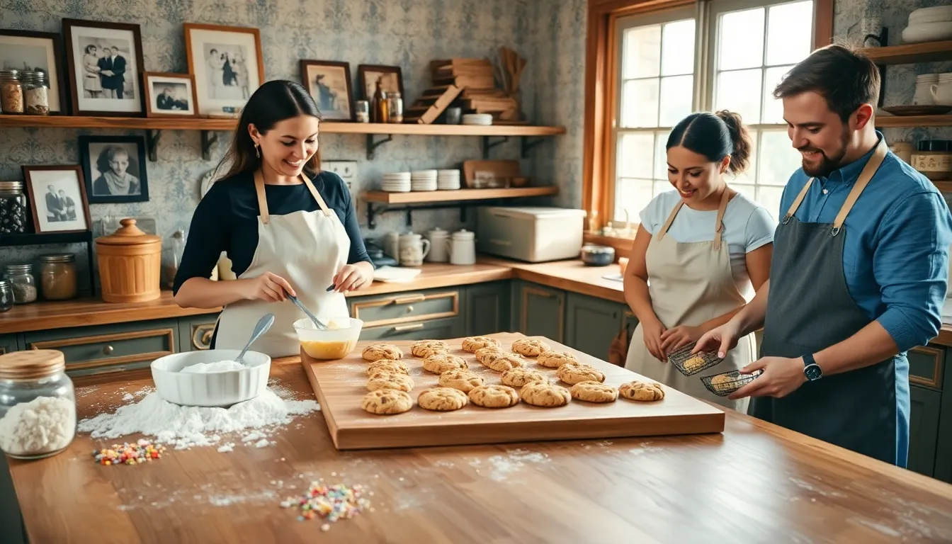 diverse bakers creating cookies in a cozy, rustic kitchen.