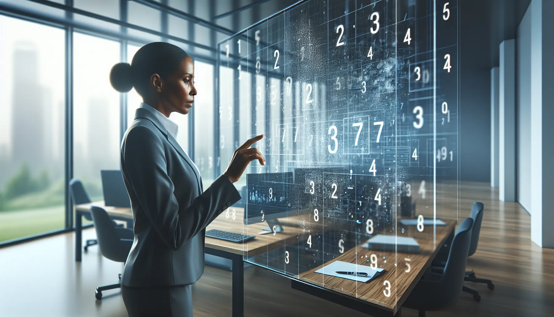 woman analyzing complex numbers in a modern office.