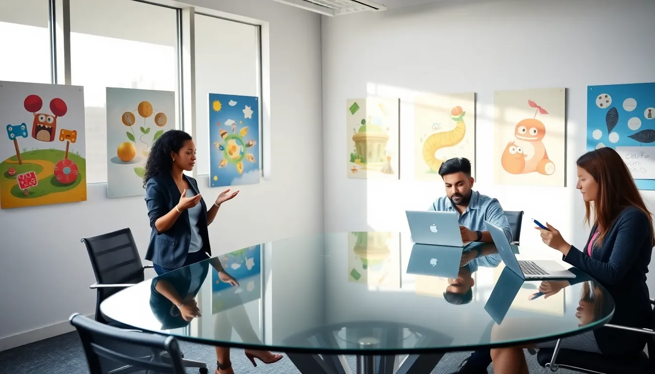 diverse team collaborating in a modern office setting for game development.