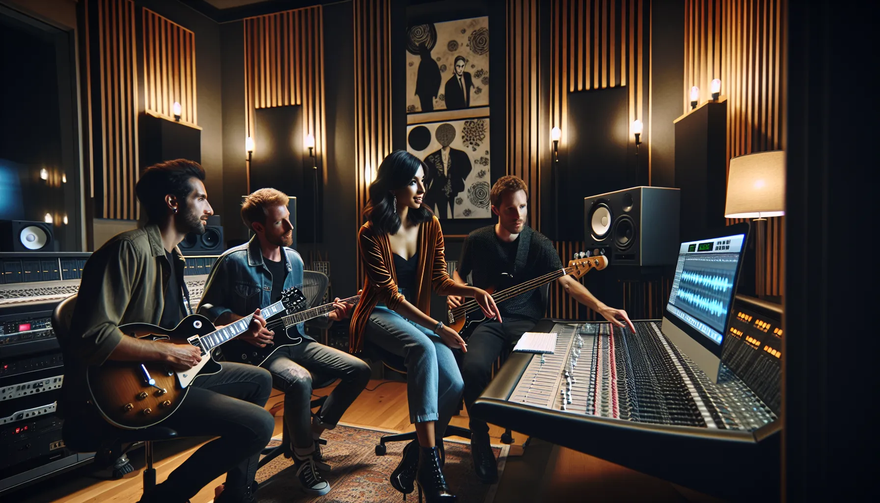 Yela Austin and a band collaborating in a modern recording studio.