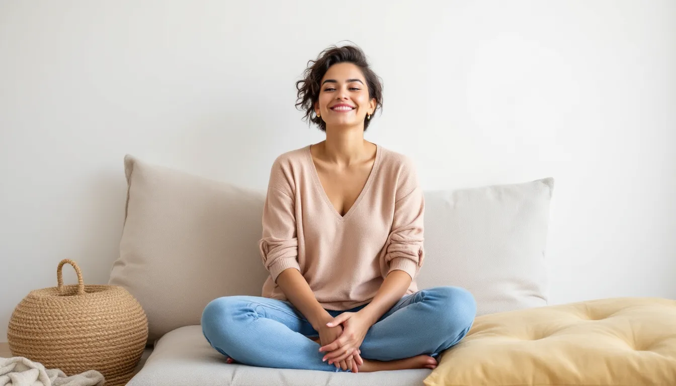 Woman sitting peacefully with eyes closed, hand on chest, journaling nearby.