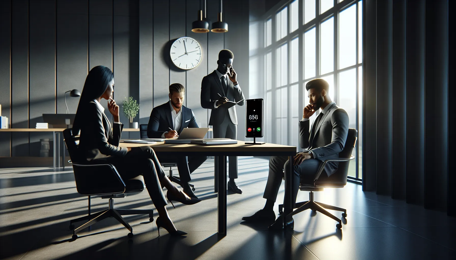 professionals discussing a phone call in a modern office setting.