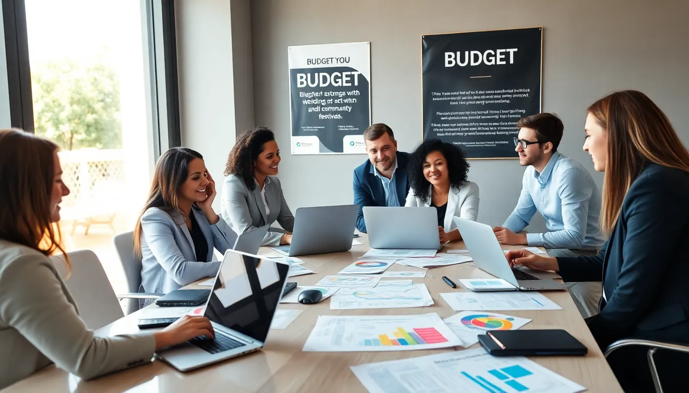 diverse team collaborating on event budgeting in a modern office.