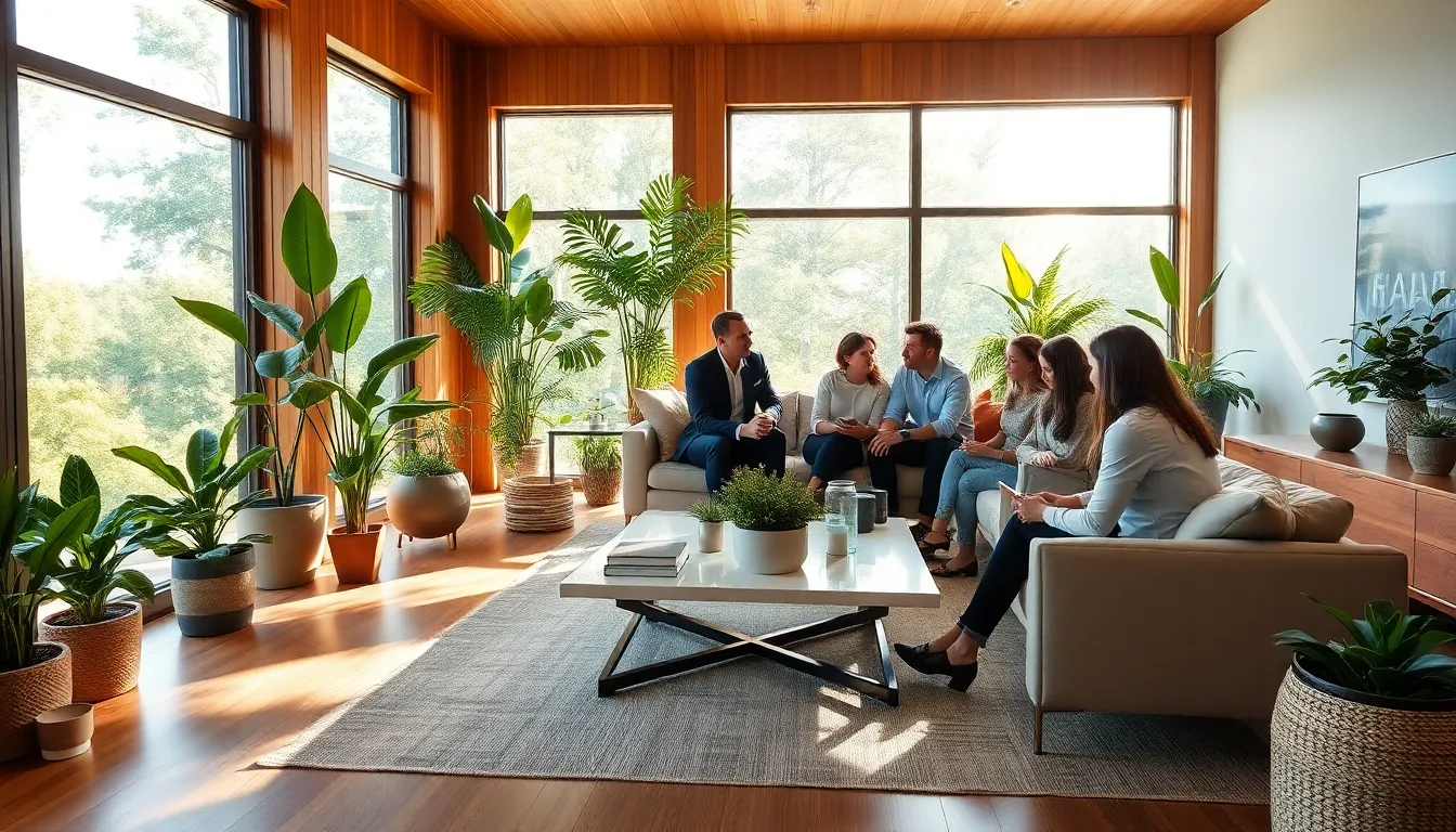 Serene living room by Nativa Interiors with natural elements and diverse professionals.