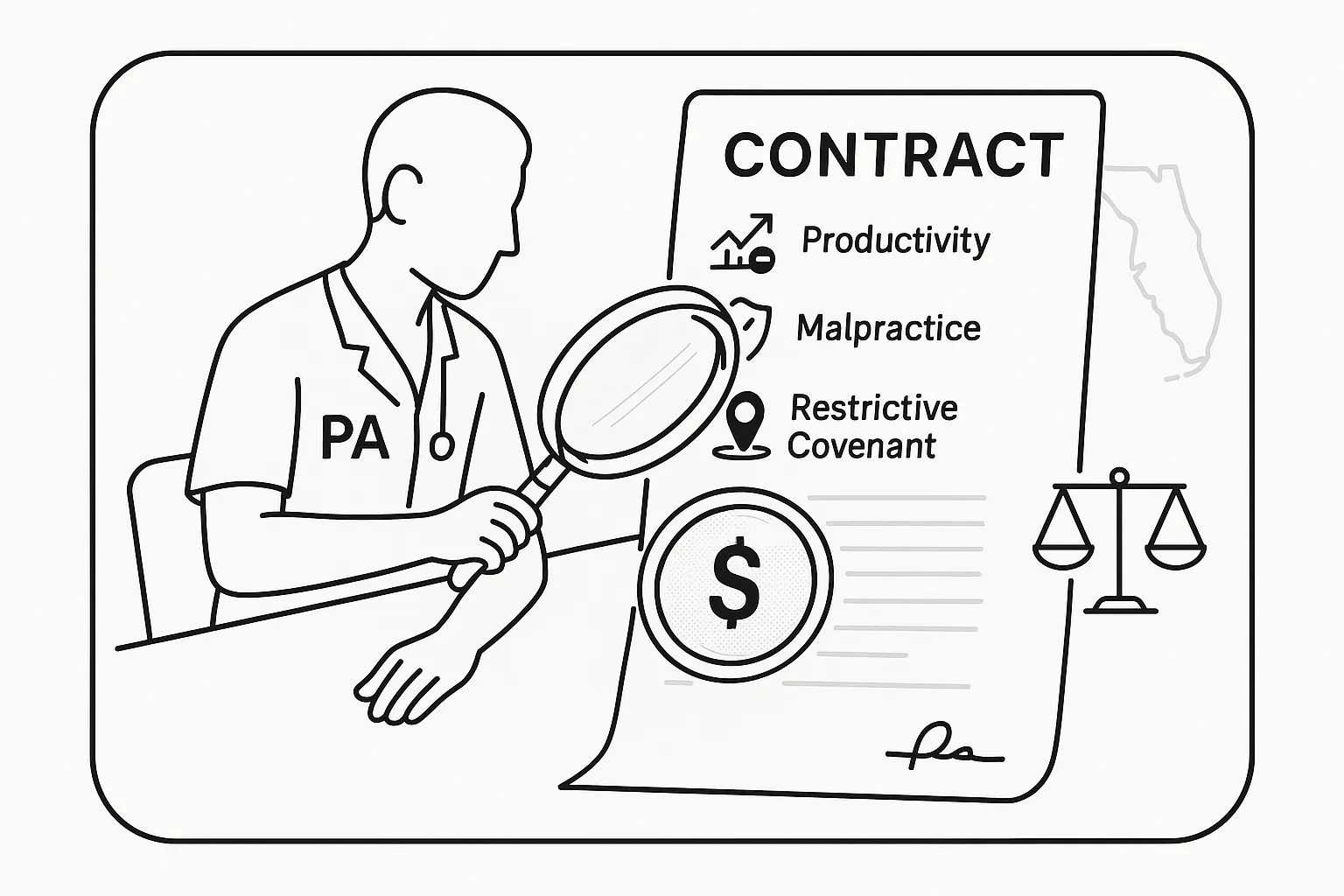 Physician assistant examining a contract with magnifying glass and Florida outline of Florida Physician Assistant Contract Review.
